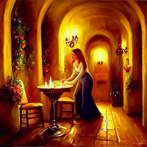 Image similar to wine cellar full of food, torches on the wall, schnapps, romantic, inviting, cozy, blonde woman, painting Vladimir Volegov