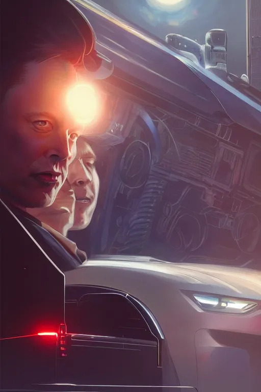 Image similar to elon musk as marty mcfly near cybertruck, realistic portrait, symmetrical, highly detailed, digital painting, artstation, concept art, smooth, sharp focus, illustration, cinematic lighting, art by artgerm and greg rutkowski and alphonse mucha