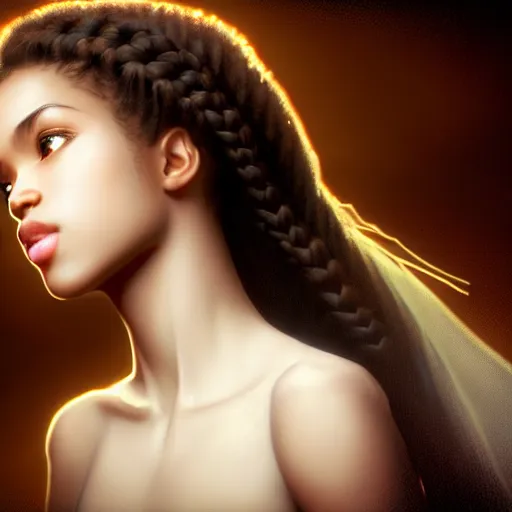 Image similar to a photorealistic hyperrealistic, bright brown eyes, light skinned african american young girl, ponytail hair, flawless face, beautiful lips, cute face, gorgeous white veil, by wlop, artgerm, greg rutwoski, alphonse mucha, beautiful dynamic dramatic low - light moody lighting, cinematic atmosphere, artstation, concept design art, octane render, 8 k