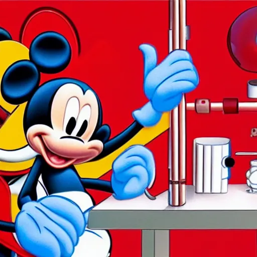 Image similar to scienist building mickey mouse head in red laboratory, 8 k, high detail, detailed, smooth, high quality