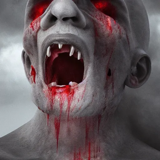 Prompt: man screaming at the bloody sky, digital art, redshift render, Beksinski style
