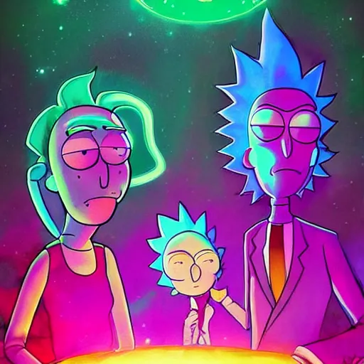 Image similar to rick and morty in a fancy interstellar nightclub dancing and drinking, partylights, great colors, by esao andrews, trending on artstation
