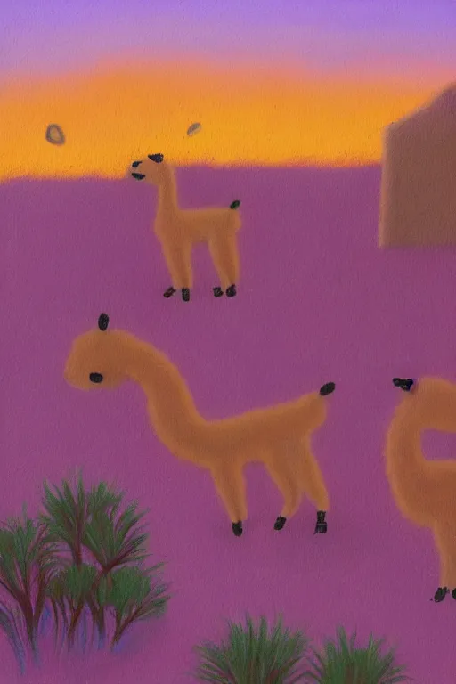 Prompt: a painting of an alpaca shaped building standing in the desert of pastel fethers lit by small fireflies