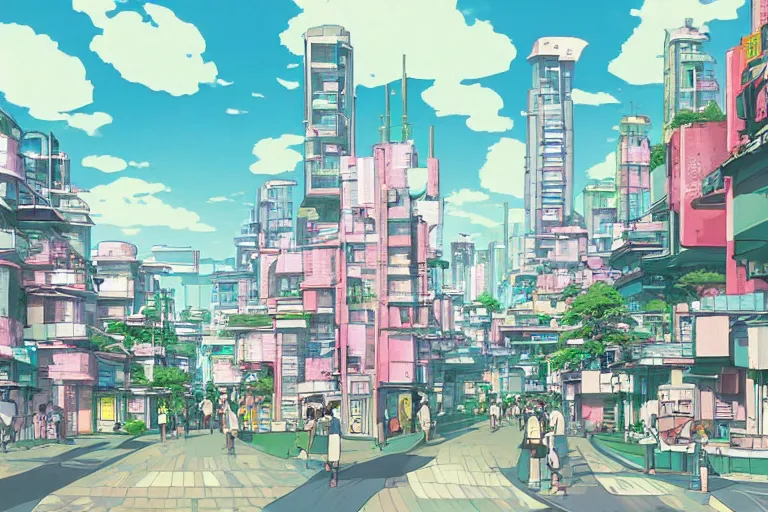 Image similar to an optimistic futuristic city street with a pop cannabis motif, by studio ghibli