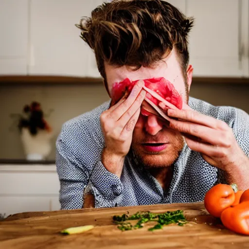 Prompt: British man chopping onions on a wooden cutting board and crying, dslr photo