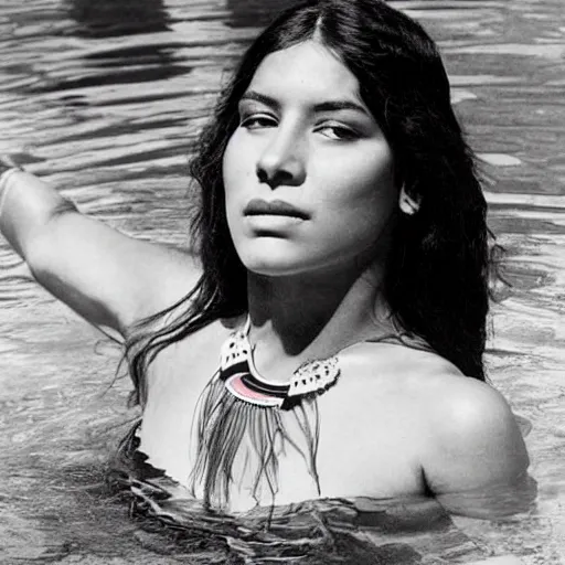 Image similar to clear photo of a beautiful and young female singer of native american descent in a pool with a red swimsuit taken in 1 9 7 6, high quality, highly detailed 7 0 s style photography, long dark hair, elegant pool, trending on pinterest, aesthetically beautiful, elegant