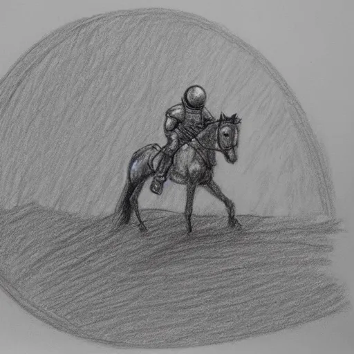 Image similar to Pencil drawing of a spaceman riding a pony at the moon