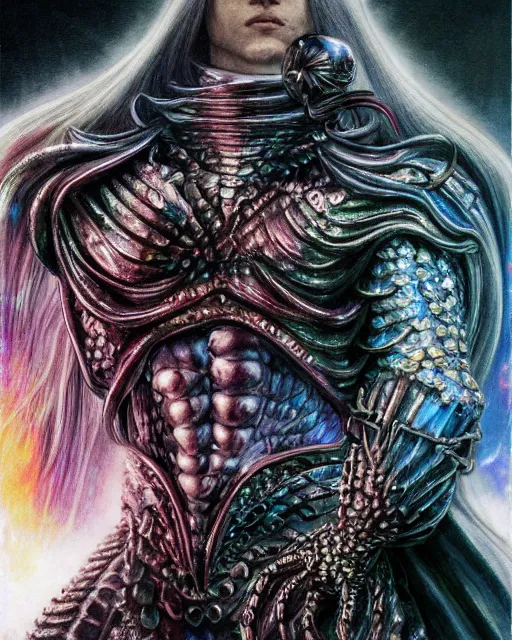 Image similar to realistic detailed image of ultra wrathful rainbow diamond iridescent mega griffith from berserk, depth perception, depth of field, action horror by ayami kojima, neo - gothic, gothic, part by adrian ghenie and gerhard richter. art by kentaro miura. masterpiece