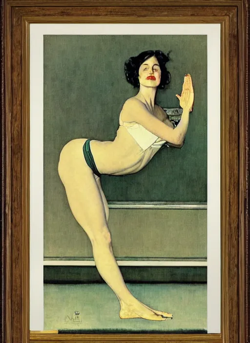 Image similar to an art nouveau girl doing yoga by norman rockwell and edward hopper