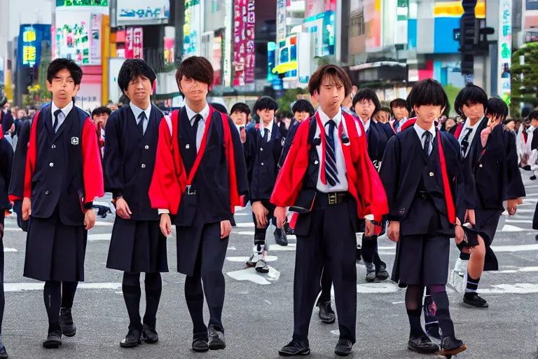 Image similar to japanese middle school boys wearing school uniforms at shibuya crossing, red weapon 8 k s 3 5, cooke anamorphic / i lenses, highly detailed, cinematic lighting