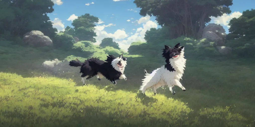 Image similar to border collie chasing sheep on feld nime key visual of luffy studio lit directed gaze, trending on pixiv fanbox, painted by greg rutkowski makoto shinkai takashi takeuchi studio ghibli