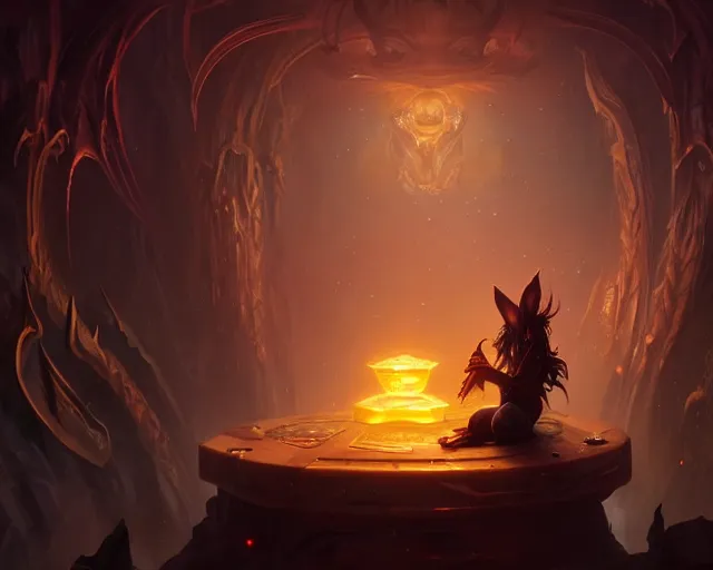 Image similar to a 4 k cinematic screenshot still portrait of a gremlin in a dark liminal space room surrounded by amber glow, deep focus, d & d, fantasy, intricate, elegant, highly detailed, digital painting, art station, concept art, matte, sharp focus, illustration, dark fantasy style art, hearthstone, art by artgerm and greg rutkowski and alphonse mucha