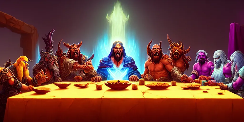 Image similar to world of warcraft last supper by beeple and greg rutkowski, digital painting, trending on artstation, sharp focus, 4 k