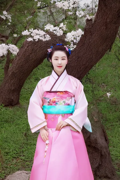 Image similar to pretty korean woman wearing beatiful hanbok, bright pastel colors