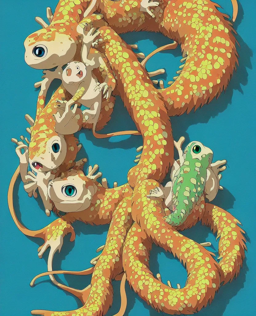 Prompt: beautiful painting from the anime film by studio ghibli, multi colored geckos, drooling, fur, trending on artstation, by MC Escher