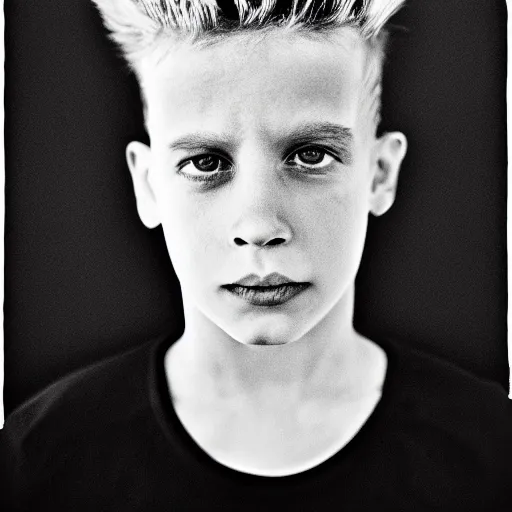 Image similar to symmetrical human portrait of bart simpson, grainy high contrast black and white photography photo print ilford warm tone