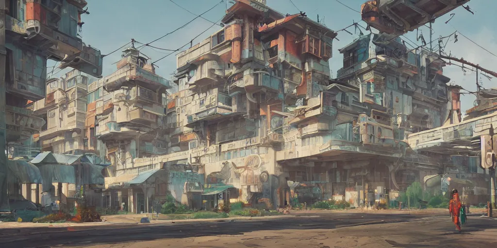 Prompt: stylized, exterior, architecture, in watercolor gouache detailed paintings, arcane, insanely detail, artstation, 8 k, futuristic, big medium small, simon stalenhag, props, furniture and decor, octane render, cinematic, screenshot, vibrant