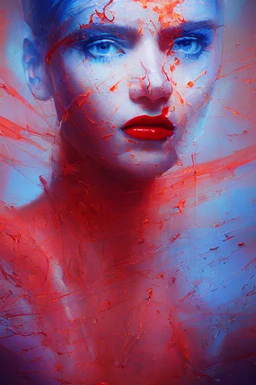 Image similar to 3 d, sci - fi, morning, sleepy fashion model face, sun, cinematic, lightning clouds, vogue cover style, light red and deep blue mood, realistic painting, intricate oil painting, high detail, figurative art, multiple exposure, poster art, 3 d, stanley kubrick, by tooth wu and wlop and beeple and greg rutkowski