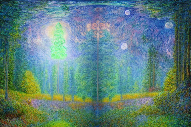 Image similar to photorealistic 🌲🌌 by pedro correa, monet, android jones, alex grey, chris dyer, and aaron brooks