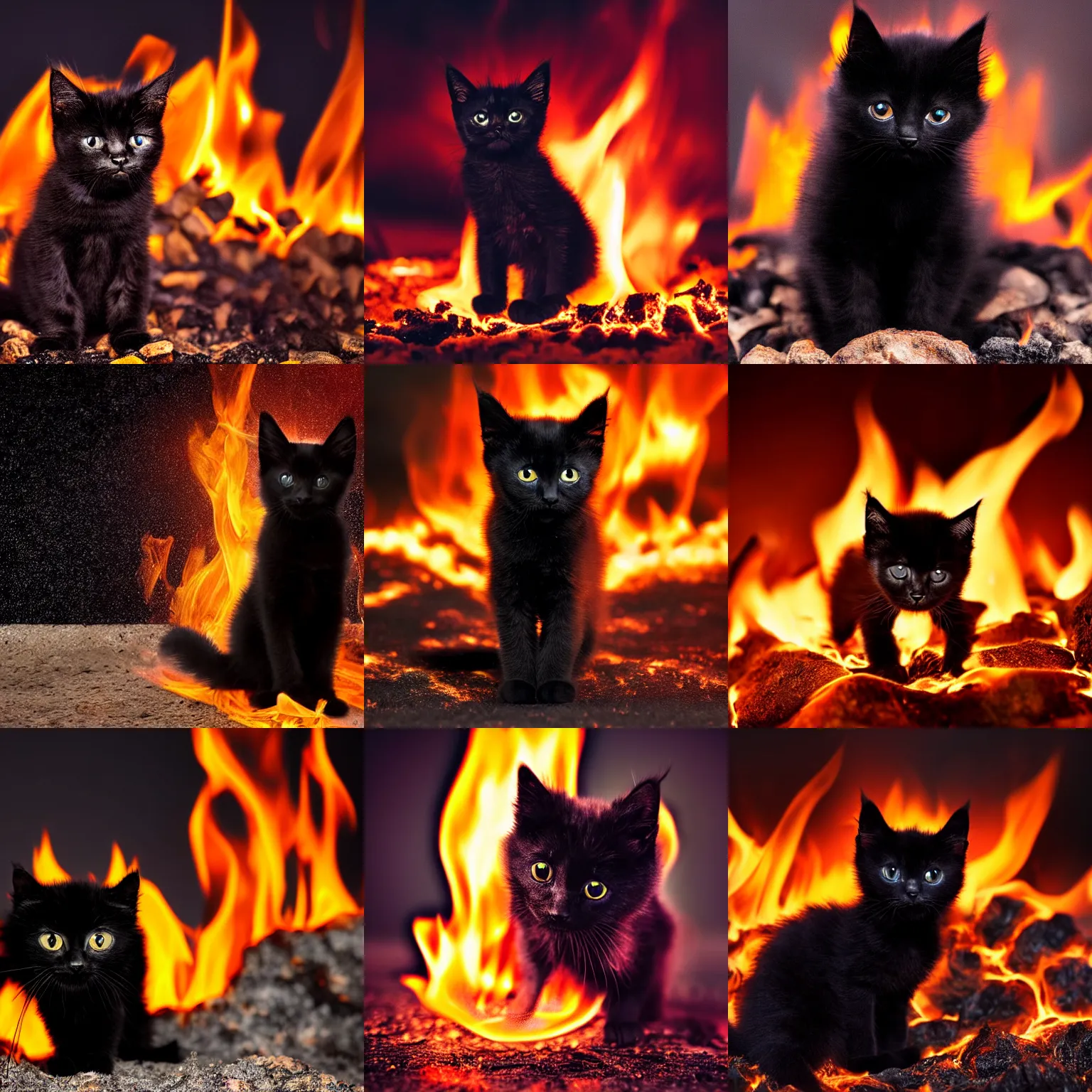 Prompt: extreme long shot of a cute black kitten engulfed in fire, burning, standing in fire, at night, award winning photo, high detail, atmospheric, 8k