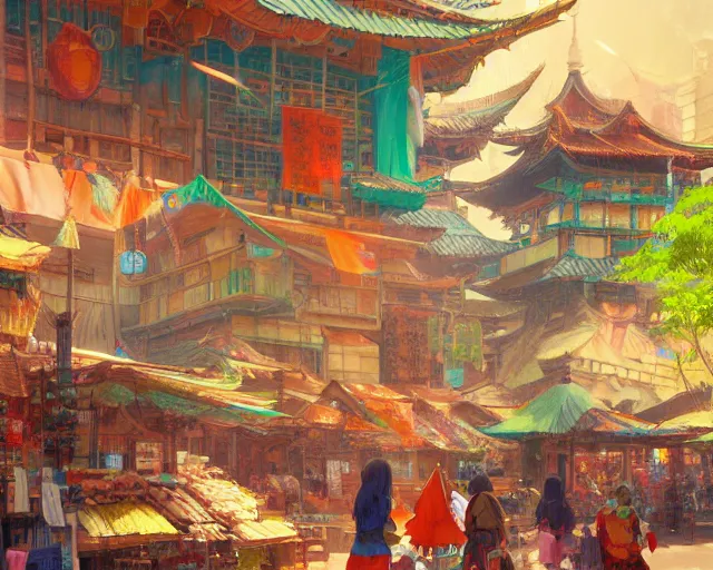 Image similar to colorful marketplace in a great, colorful kitsune city, bamboo, anime, a fantasy digital painting by Greg Rutkowski and James Gurney, trending on Artstation, highly detailed