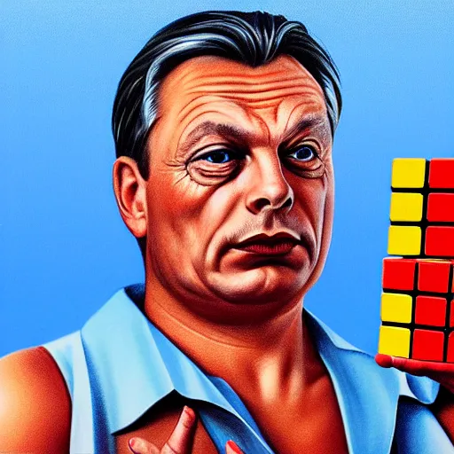 Image similar to portrait of viktor orban in shorts playing with a rubik's cube, confused face, highly detailed illustration by boris vallejo, airbrush painting