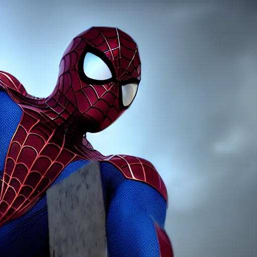 Image similar to moody atmospheric portrait render of an metal blue spiderman by greg rutkowski and marc silvestri made with unreal engine