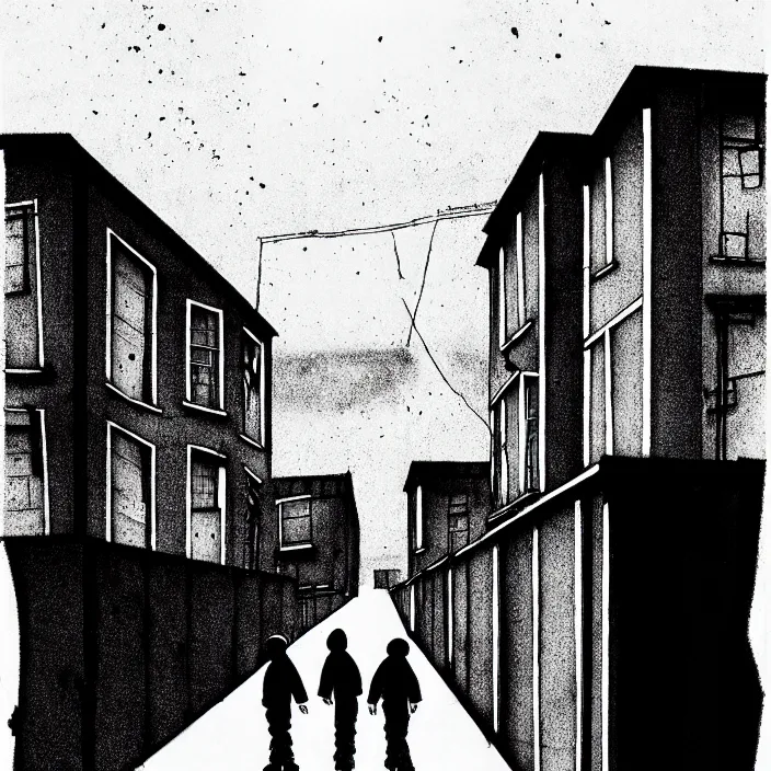 Image similar to [ sadie sink in dirty workmen clothes walks ] next to [ newcastle terraced housing ]. background : factory, dirty, polluted. technique : black and white pencil and ink. by gabriel hardman, joe alves, chris bonura. cinematic atmosphere, detailed and intricate, perfect anatomy