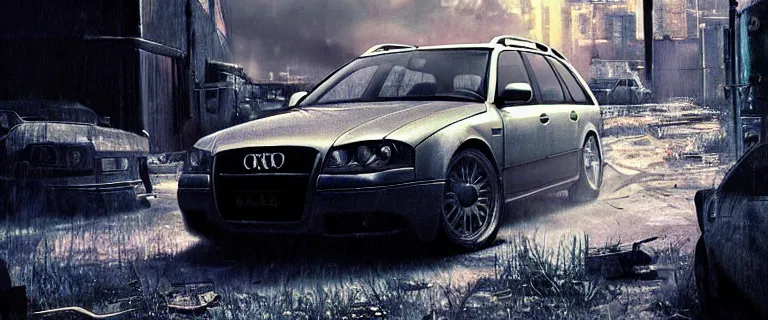 Prompt: Audi A4 B6 Avant (2002), a post apocalyptic, dramatic lighting, cinematic, establishing shot, extremly high detail, photorealistic, cinematic lighting, artstation, style by greg rutkowsky, Max Payne (PC) (2001) landscape