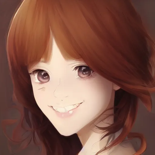 Image similar to An anime portrait of a young beautiful happy girl with straight reddish-brown hair, brown eyes, wearing a shirt, closed-mouth smile, by Stanley Artgerm Lau, WLOP, Rossdraws, James Jean, Andrei Riabovitchev, Marc Simonetti, and Sakimi chan, trending on artstation