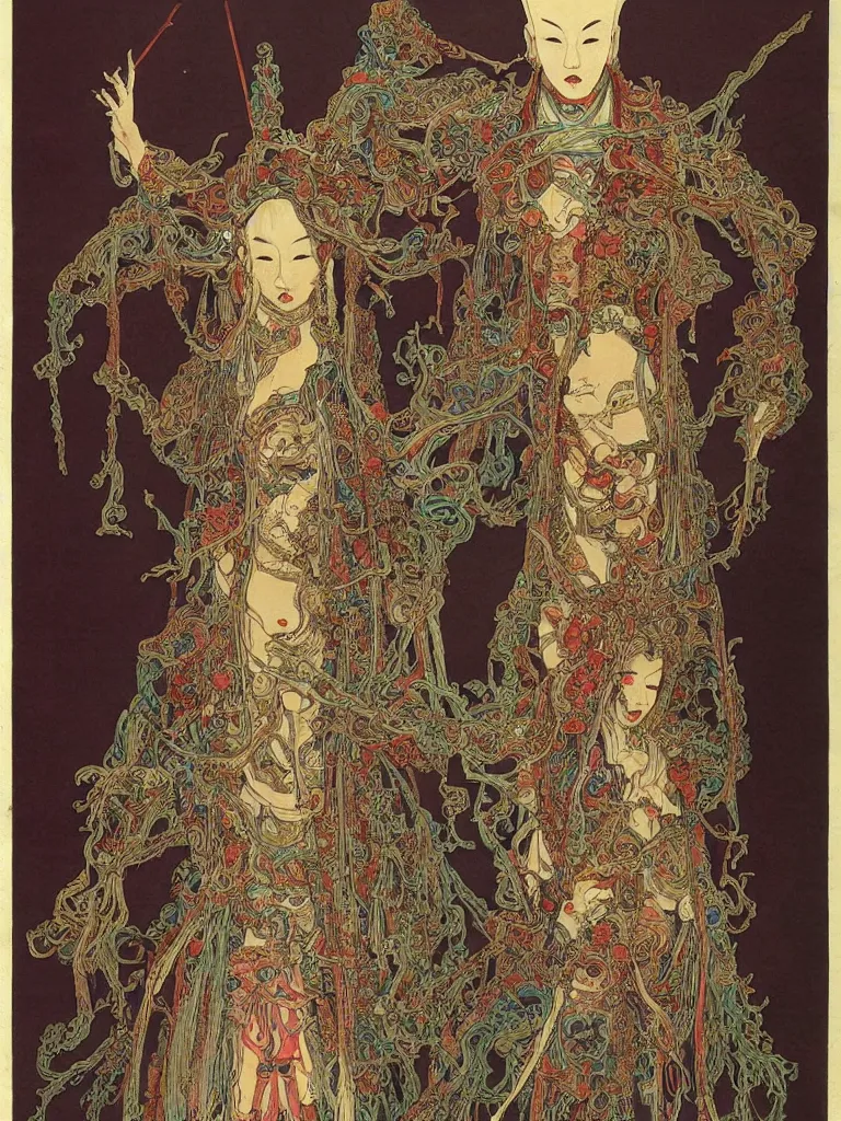 Image similar to ancient chinese zombies with luxuriant full - body official clothes of the qing dynasty, a incredible symmetrical concept design, psychedelic, highly detailed upper body, by mucha, hr giger, zdzislaw