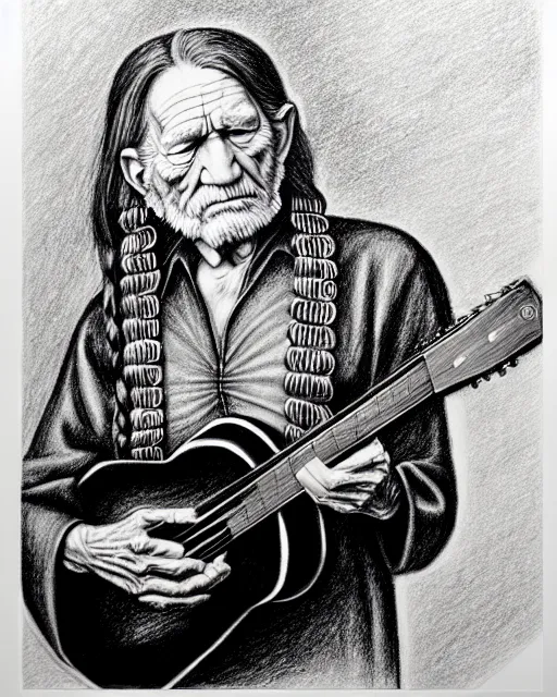 Prompt: a photorealistic portrait of willie nelson and his guitar, in the style of hieronymus bosch, pencil drawing, hyperrealist