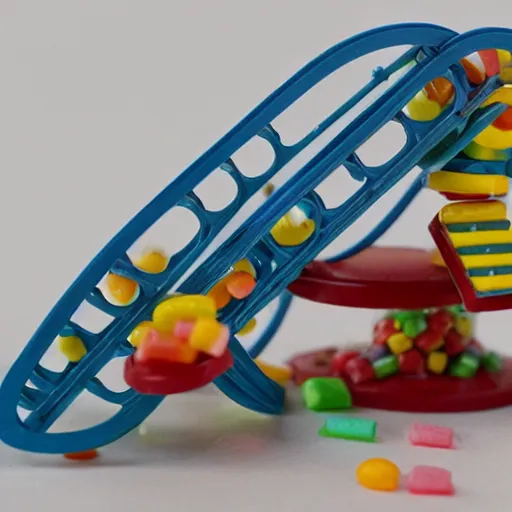 Image similar to a miniature rollercoaster made entirely of various candy and candies