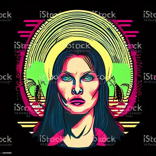 Image similar to a portrait of tattooed slavic woman in retro colors, synthwave style, 2 d digital vector art