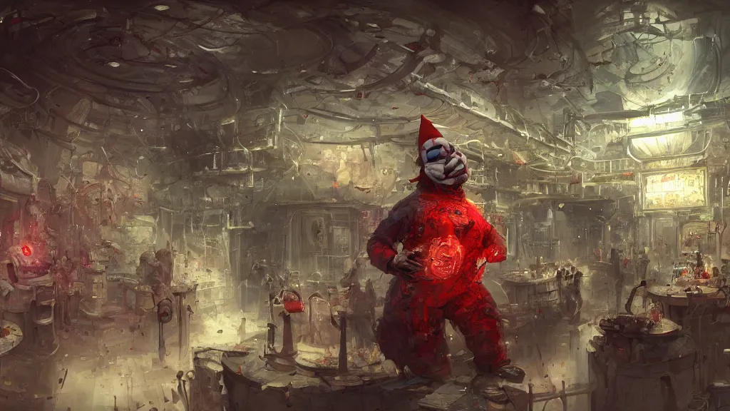Prompt: a bar located in a bustling space station, blood on the floor and people rushing down the hallways, a red alert blares, a clown is in the center of the bar causing trouble, fantasy, marc simonetti, anato finnstark, randy vargas, diego gisbert llorens, bayard wu, fantasy concept art, trending on artstation, 4k,