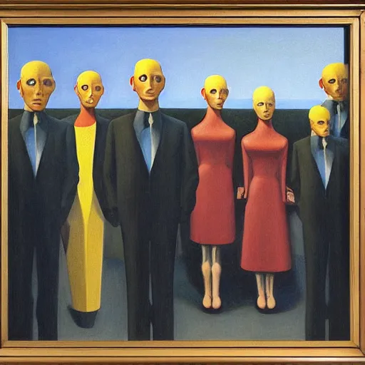 Prompt: queue of super - intelligent robots with kind eyes portrait, grant wood, pj crook, edward hopper, oil on canvas