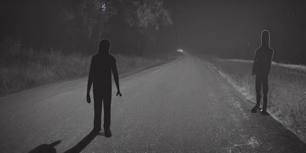 Prompt: a shadow person hitchhiker on the side of the road, eerie, horror movie, scary, candid photography, dark, night time