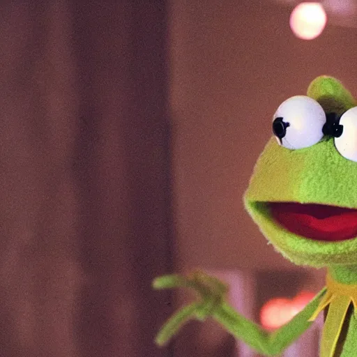 Prompt: a still of the kermit the frog in the blair witch project