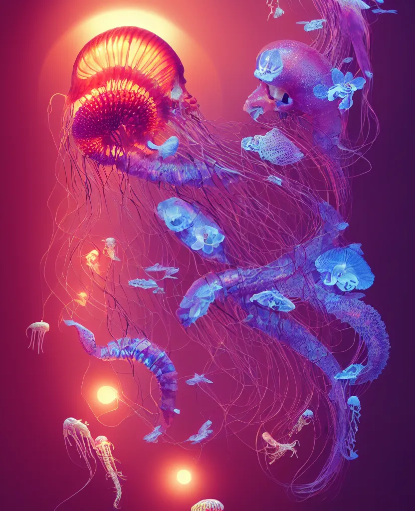 Image similar to human thorax, jellyfish phoenix head, nautilus, orchid, skull, betta fish, bioluminiscent creatures, intricate artwork by Tooth Wu and wlop and beeple. octane render, trending on artstation, greg rutkowski very coherent symmetrical artwork. cinematic, hyper realism, high detail, octane render, 8k