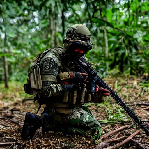 Image similar to close up CSAT Viper Special Forces fighting devastated burning exploding jungle combat photography 2022, Canon EOS R3, f/1.4, ISO 200, 1/160s, 8K, RAW, unedited, in-frame,