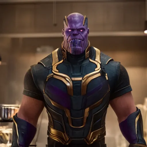 Image similar to a film still of thanos working as a starbucks barista in an upcoming movie, 4 k