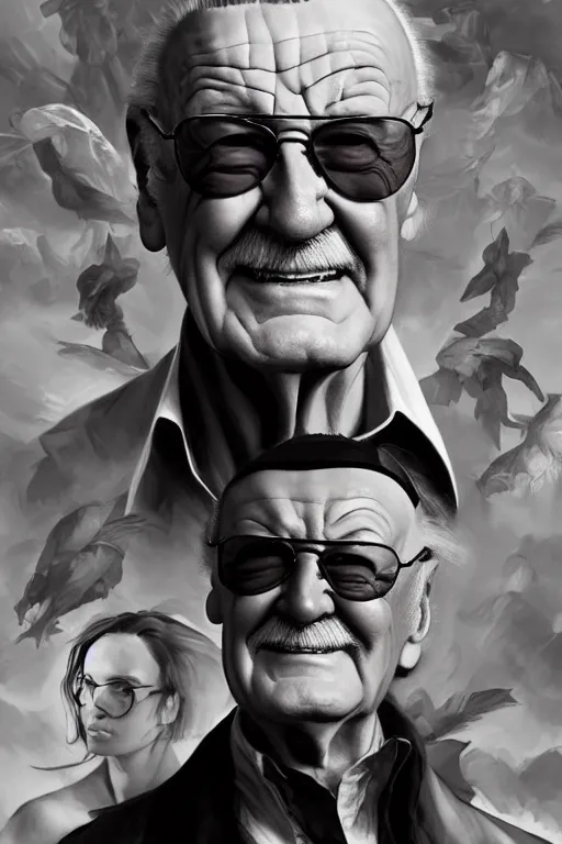 Image similar to Stan Lee on a caravaggio cloudy background, intricate, elegant, highly detailed, artstation, concept art, smooth, sharp focus, illustration, , digital art from artstation, digital art from deviantart, by Stjepan Sejic, Ruan Jia, and Mandy Jurgens, and Artgerm, and william adolphe bouguereau