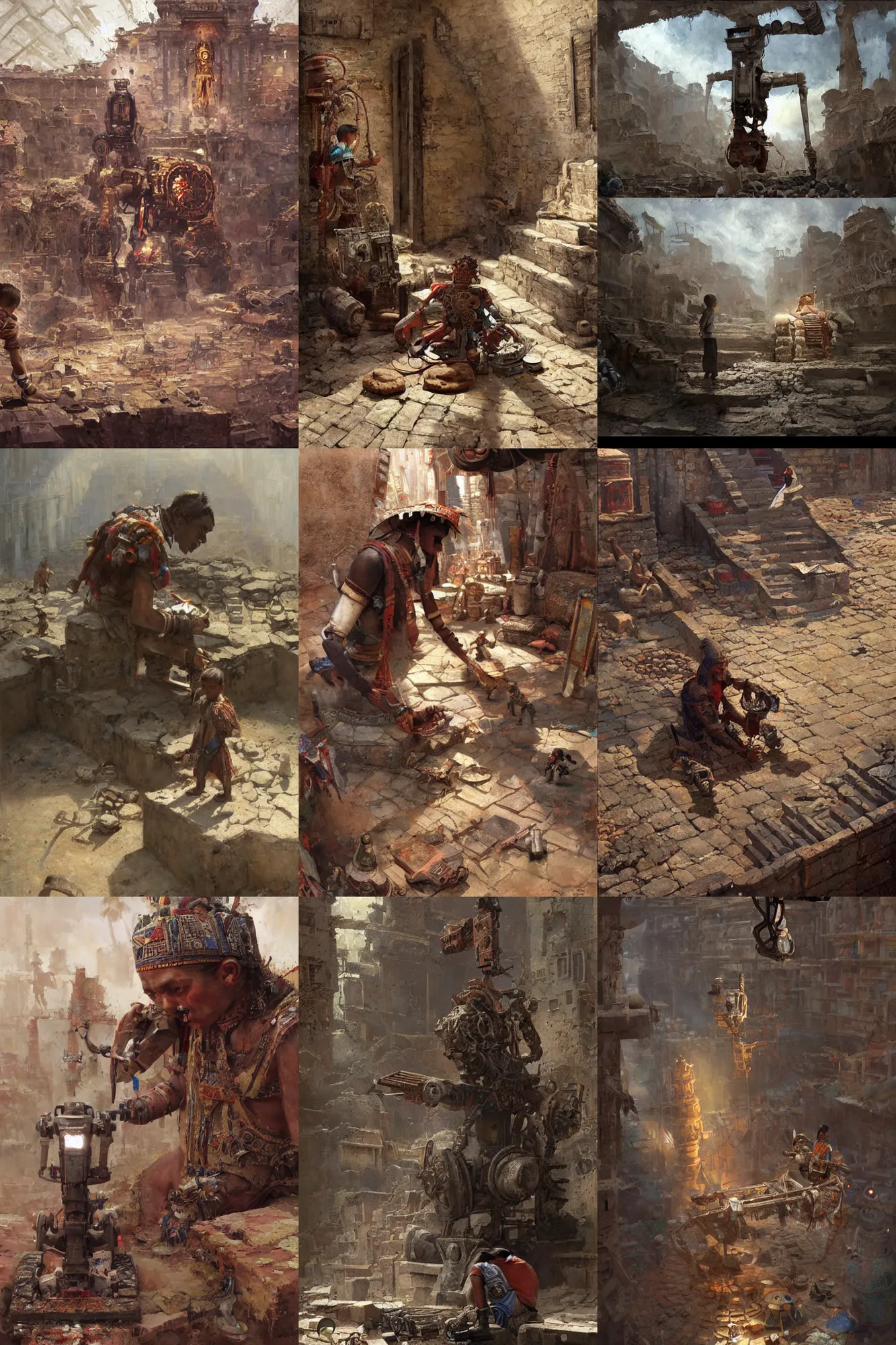 Prompt: an ancient Aztec!!! boy fixing his Aztec!! robot!, part by Craig Mullins, part by Greg Rutkowski , part by Mattias Adolfsson, volumetric lighting!!, oil on canvas