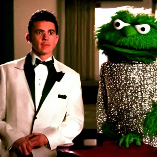 Image similar to Oscar the Grouch in a sparkly white tuxedo in an episode of the tv show American Horror Story (1998), vintage VHS video