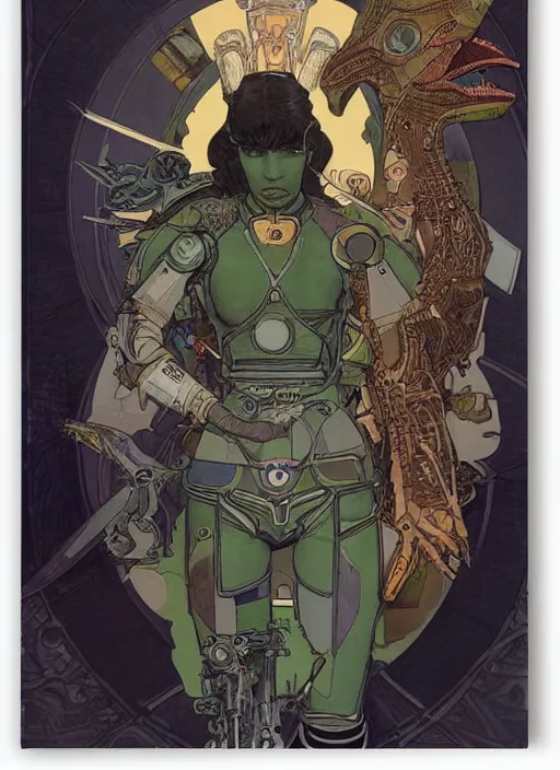 Image similar to portrait of a cyborg warrior girl character sitting on top of a robot dinosaur bird flying in space, epic character with dark skin and beautiful green eyes. the girl has a very beautiful detailed symmetrical face, long black hair. fantasy illustration by mucha