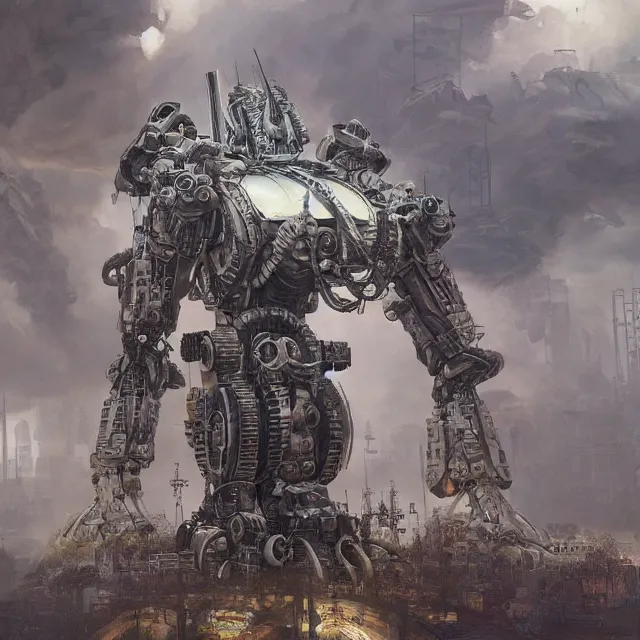 Prompt: symmetrical dieselpunk warrior, giant juggernougt mecha with two legs, details and decals in the utopia city. sci - fi, by mandy jurgens, ernst haeckel, greg rutkowski, james jean