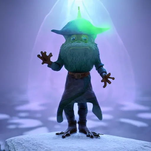 Image similar to frog time wizard with a beard, emitting an immense ray of frost, epic, fantasy, octane render, ( final flash ), 8 k, cinematic