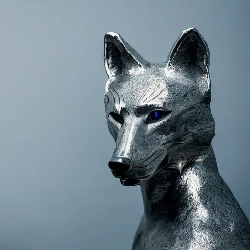 Image similar to portrait photography of a silver wolf sculpture with glowing blue eyes