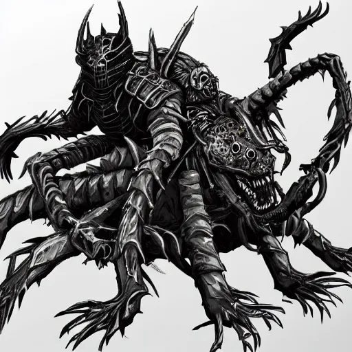 Image similar to concept art of a dark souls boss, six arms undead riding a spider;dark fantasy