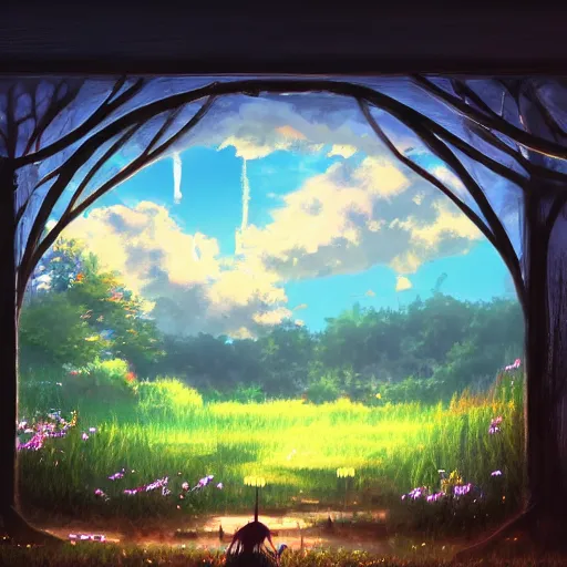 Prompt: a heavenly dream view from the interior of my cozy meadow of dream power-lines from a Makoto Shinkai oil on canvas inspired pixiv dreamy scenery art majestic fantasy scenery cozy window frame fantasy pixiv scenery art inspired by magical fantasy exterior